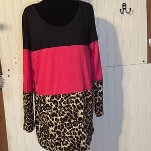 NWOT Colorblock Leopard Print Long Sleeve Top - Black, Pink, Leopard Sz xl